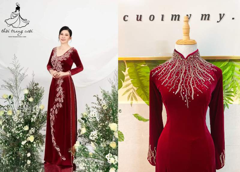Rạng rỡ cùng áo dài bà sui màu đỏ phối kim sa tinh tế