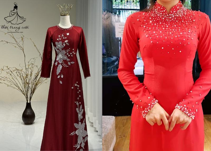 Quý phái cùng áo dài bà sui màu đỏ đô đính ngọc trai