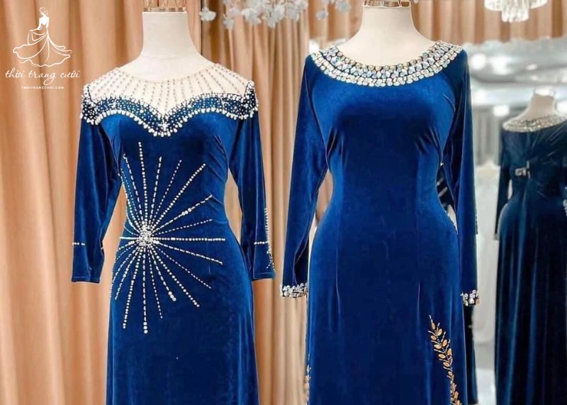 Mẫu áo dài nhung bà sui thiết kế kết hợp đính đá