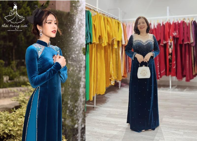 Các kiểu áo dài nhung phối ren phù hợp cho các bà sui