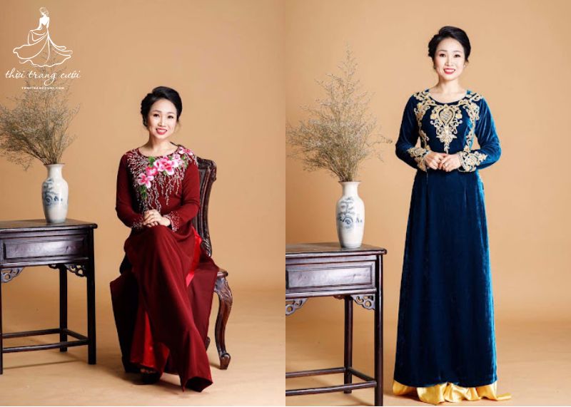 Mẫu áo dài nhung cổ thuyền sang trọng, quý phái dành cho bà sui