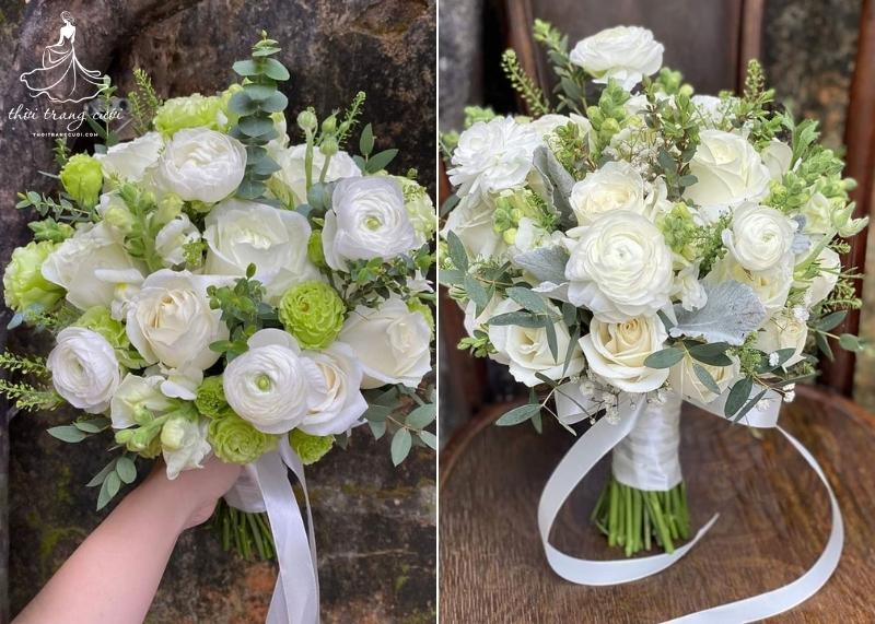 Bó hoa cưới mao lương mix hoa hồng trắng
