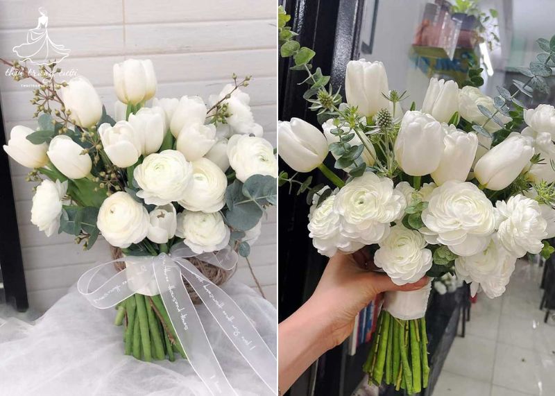 Bó hoa cưới mao lương kết hợp cùng hoa tulip