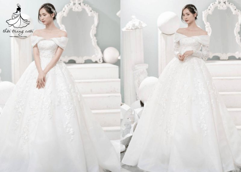 Váy cưới cô dâu trễ vai quyến rũ, mềm mại