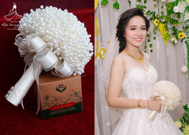 Hoa cưới cầm tay ngọc trai tròn trắng thanh lịch