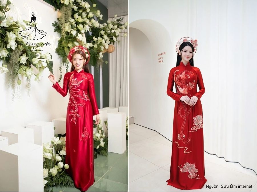 Mẫu áo dài cưới cô dâu gấm đỏ với họa tiết phượng hoàng
