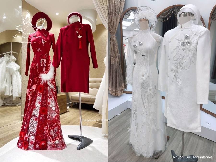 Áo dài cưới đính kết lông vũ và pha lê Swarovski
