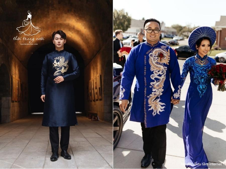 Tà áo dài gấm xanh navy với họa tiết rồng vàng
