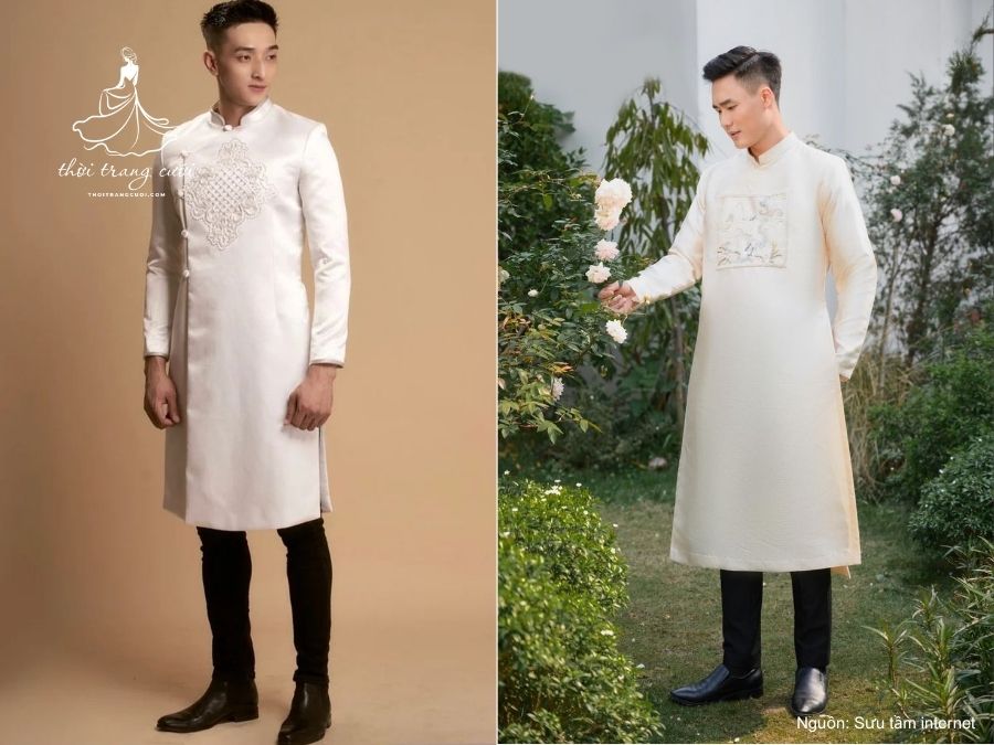 Áo dài màu trắng kem chất liệu linen đi cùng quần tây be
