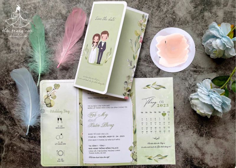 Mẫu thiệp cưới không phong bì màu xanh hoa lá