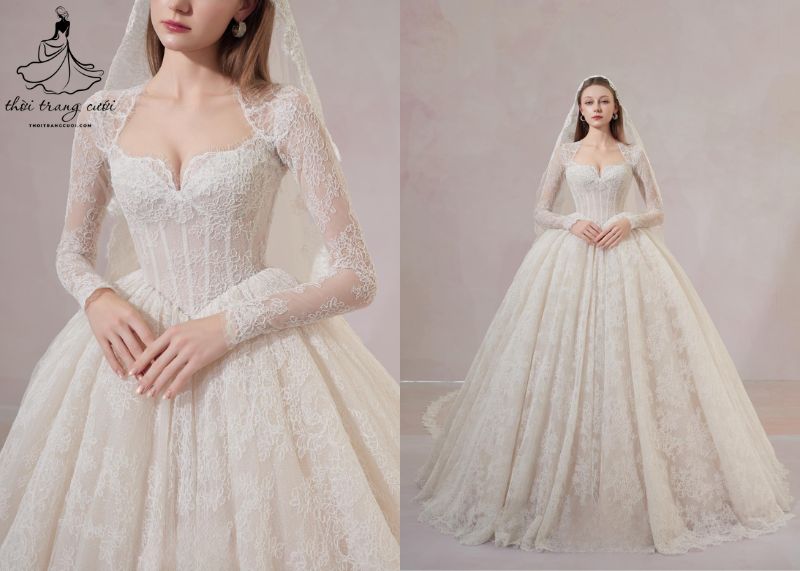 Váy cưới ren tay dài