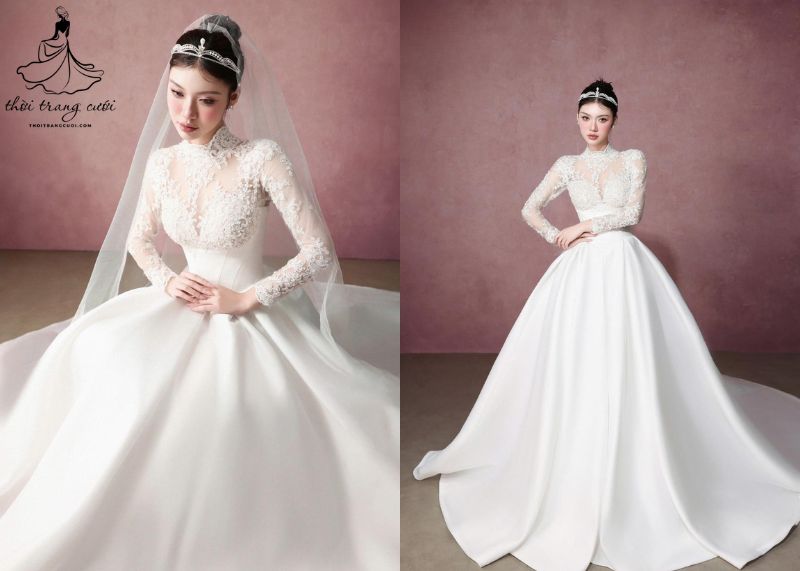 Váy cưới trắng tay dài