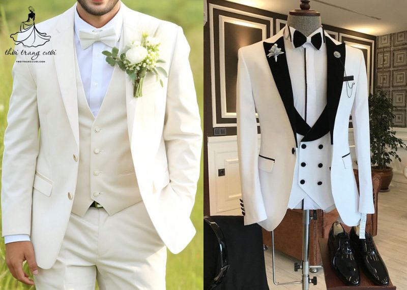 Chú rể có thể phối vest trắng cùng giày đen và một số phụ kiện màu đen