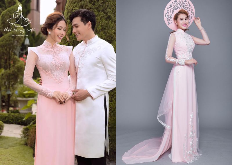 Áo dài pastel nhẹ nhàng, phù hợp đám cưới ngoài trời