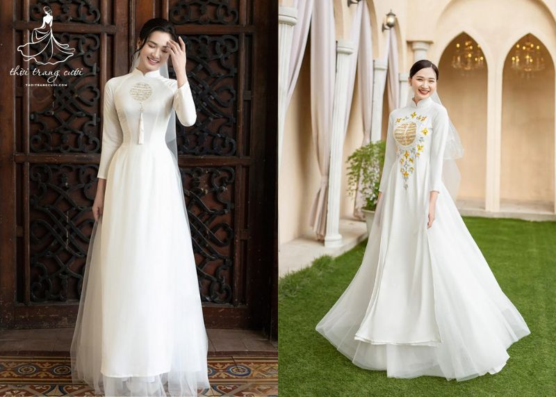 Áo dài cách tân cưới phối chân váy xoè bồng bềnh