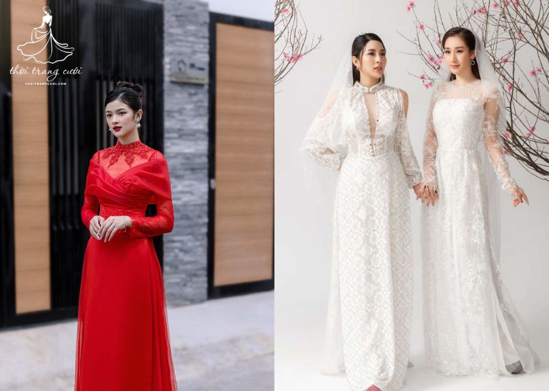 Áo dài cưới cách tân đẹp với chi tiết ren thủ công