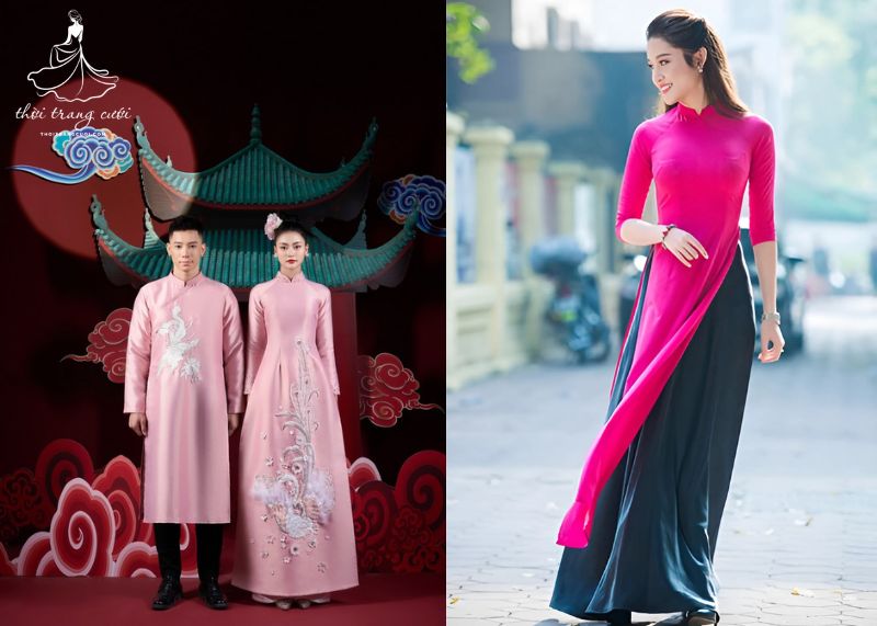 Áo dài cưới màu hồng phối quần đen – cá tính nhưng vẫn giữ nét dịu dàng