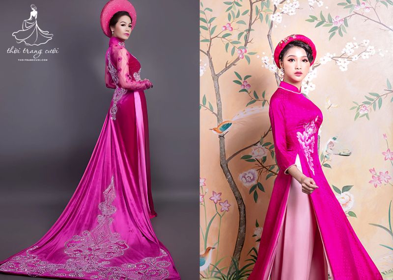 Áo dài cưới hồng đậm phối lụa ánh kim hiện đại và đầy nội lực