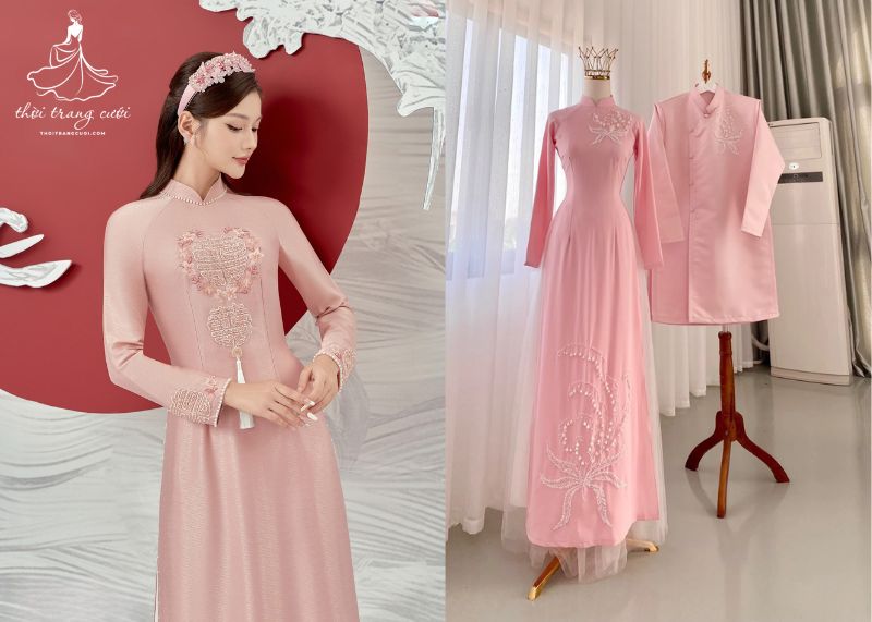Áo dài cưới hồng da dáng suông, cổ tim khá hợp đám cưới tối giản