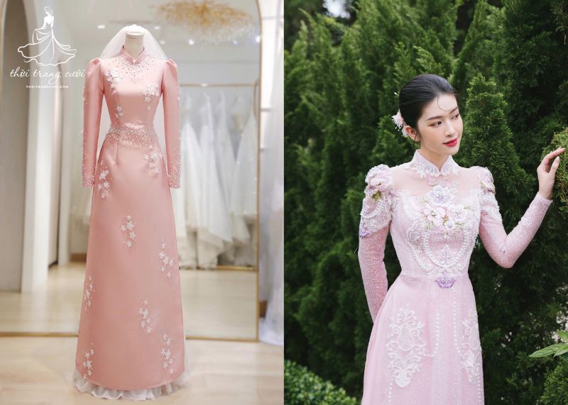 Áo dài cưới màu hồng đính hoa 3D siêu đáng yêu