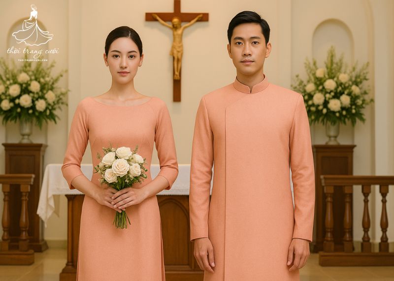 Hình ảnh áo dài cưới màu hồng hiện đại, thích hợp cho lễ rước dâu