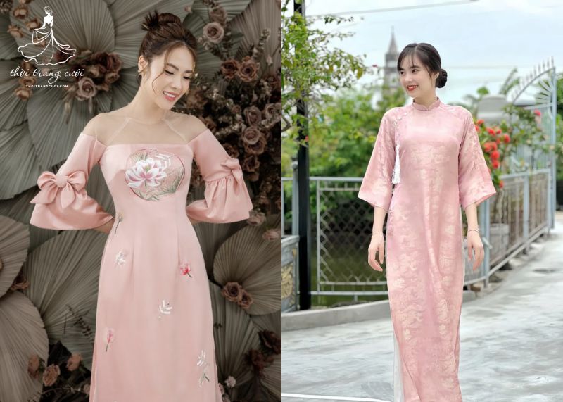 Mẫu áo dài cưới cách tân màu hồng phối tay lỡ