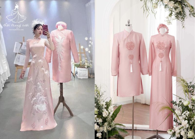 101+ mẫu áo dài cưới màu hồng đậm, nhạt đẹp nhất hiện nay