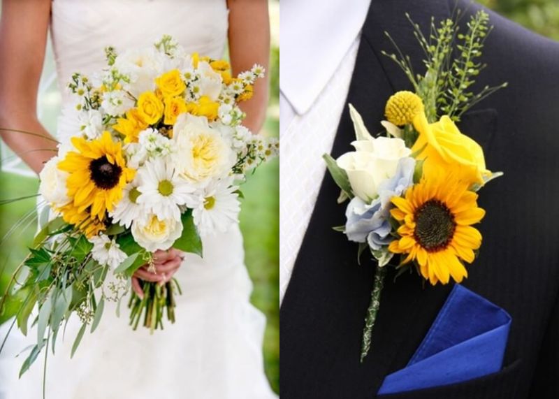 Sự hài hòa giữa trang phục cưới và bó hoa hướng dương cầm tay tạo nên một tổng thể hoàn hảo