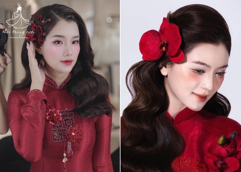 Mẫu hoa cài tóc cô dâu màu đỏ