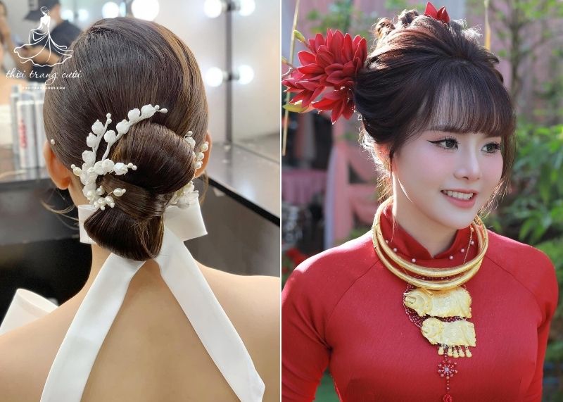 Kiểu hoa cài tóc phù hợp với tóc búi cho cô dâu