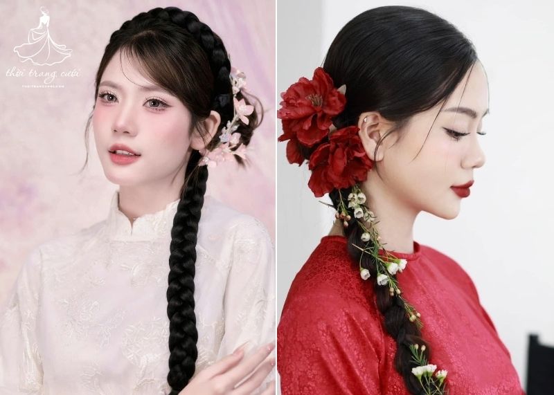 Mẫu tóc cô dâu cài hoa baby tết tóc thả 1 bên