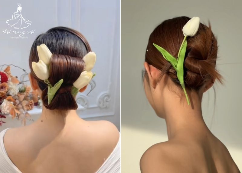Mẫu tóc cô dâu cài hoa tulip
