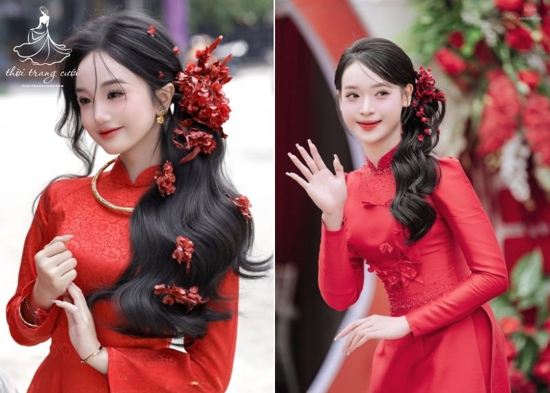 Mẫu hoa cài tóc cho cô dâu tóc buộc thả 1 bên