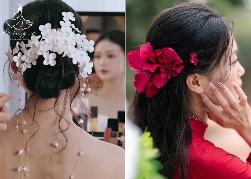 Kiểu hoa cài tóc cho cô dâu sau đầu