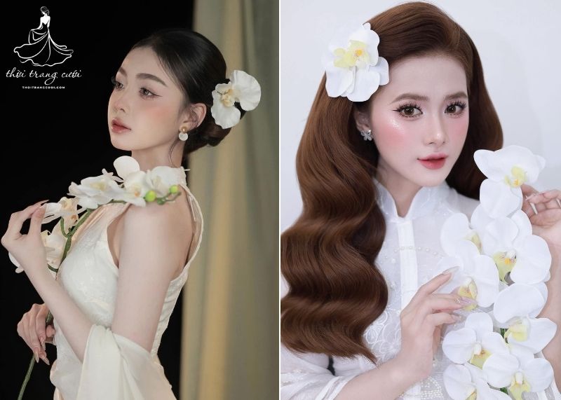 Kiểu tóc cô dâu cài hoa tươi hồ điệp