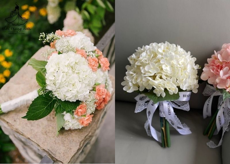 Bó hoa cưới bằng cẩm tú cầu màu trắng thanh thuần 