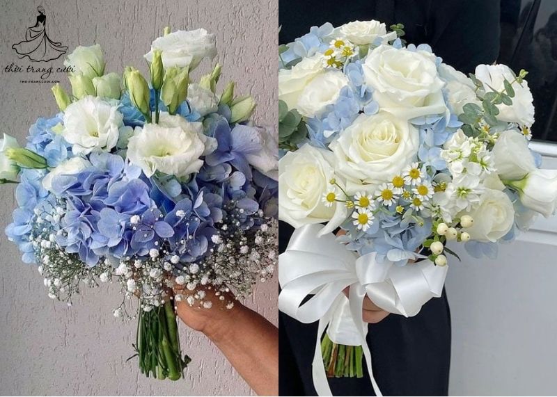 Hoa cưới cầm tay cẩm tú cầu màu xanh như lời hứa bền vững cho một tình yêu trọn đời