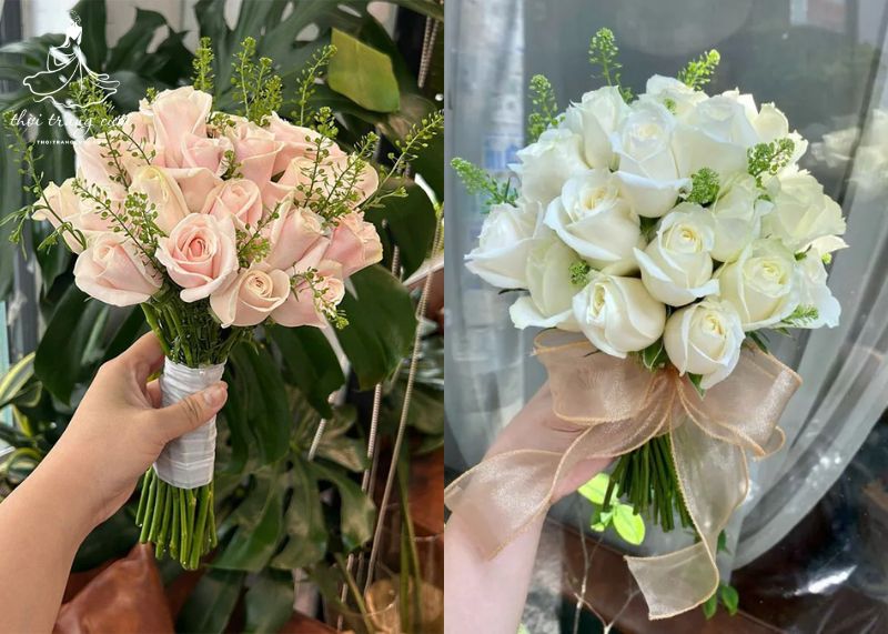 Hoa hồng kết hợp với cỏ đồng tiền mang đến sự trẻ trung và tươi mới cho cô dâu