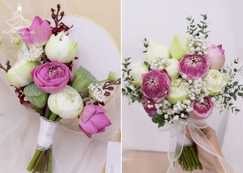 Mẫu hoa cưới hoa sen màu hồng và trắng mix cho cô dâu
