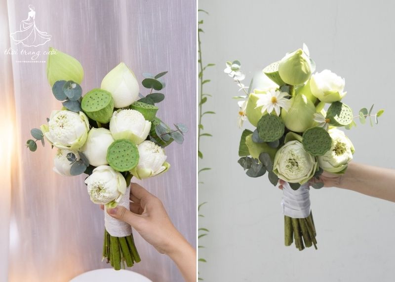 Mẫu hoa cầm tay cô dâu hoa sen trắng bó tầng