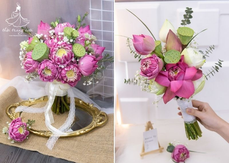 Mẫu bông cưới cầm tay hoa sen màu hồng
