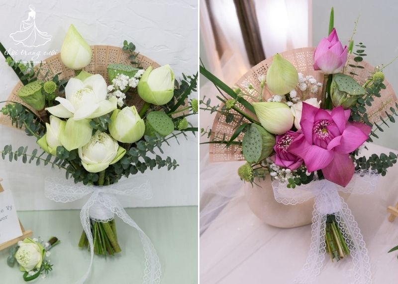 Bó hoa sen cưới thiết kế dạng quạt nhẹ nhàng