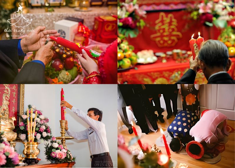 Người đại diện châm lửa, trao đèn cho cô dâu và chú rể