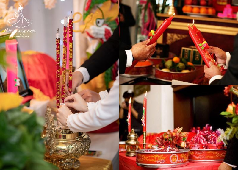 Hình ảnh đôi đèn cầy long phụng truyền thống trong lễ cưới miền Nam