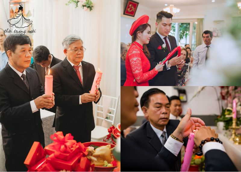 Cô dâu chú rể thắp đèn trên bàn thờ gia tiên trong ngày cưới