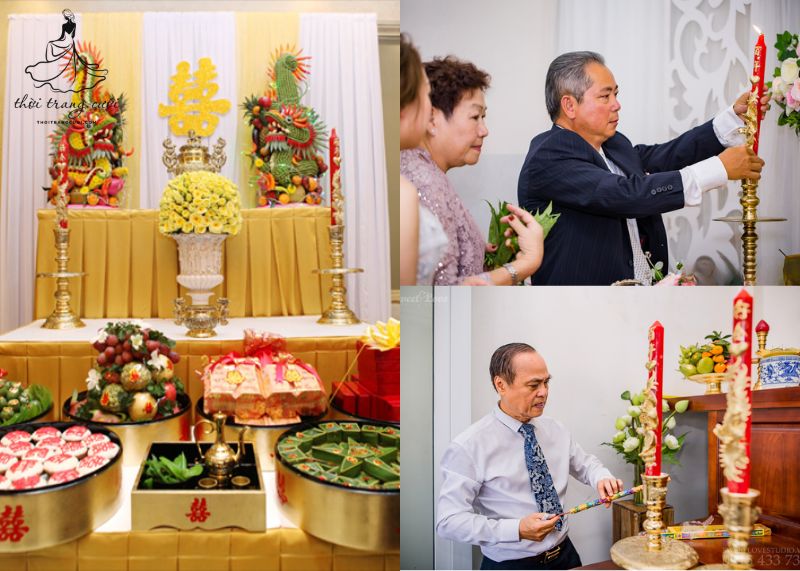 Bàn thờ tổ tiên được trang trí hoa tươi, lễ vật đầy đủ