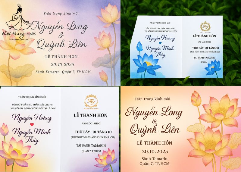 Thiệp cưới bông sen phối ombre hiện đại, sáng tạo và nổi bật
