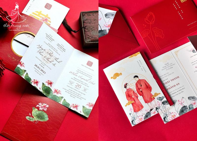 Thiệp cưới in hình hoa sen đỏ kết hợp chữ thư pháp truyền thống