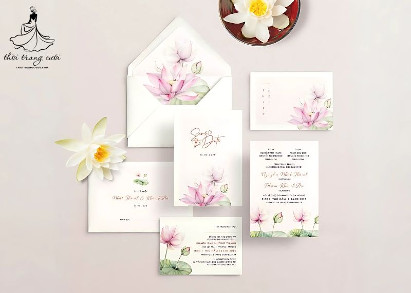 Thiệp cưới bông sen pastel dịu nhẹ phù hợp phong cách tối giản