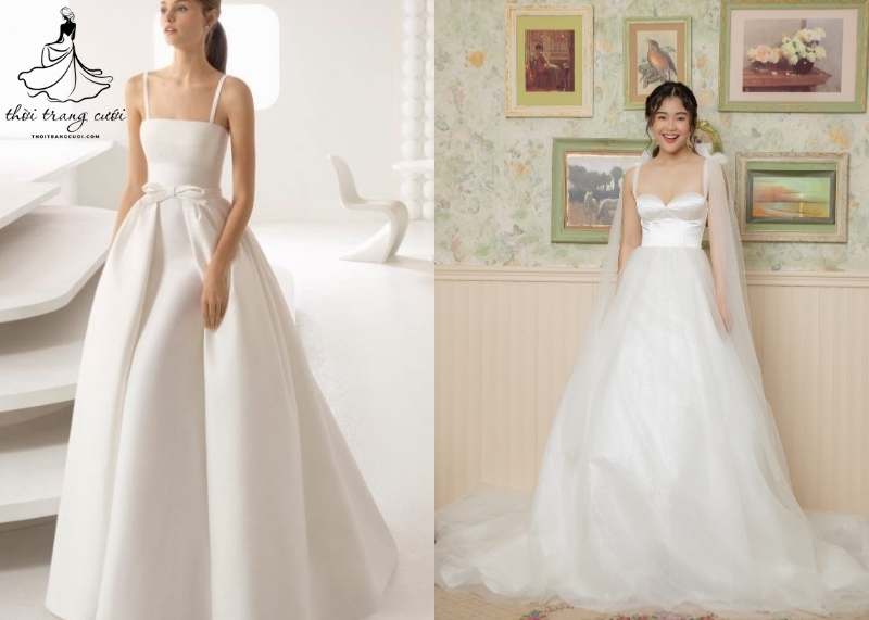 Mẫu váy cưới 2 dây có thiết kế cổ vuông tôn vòng 1